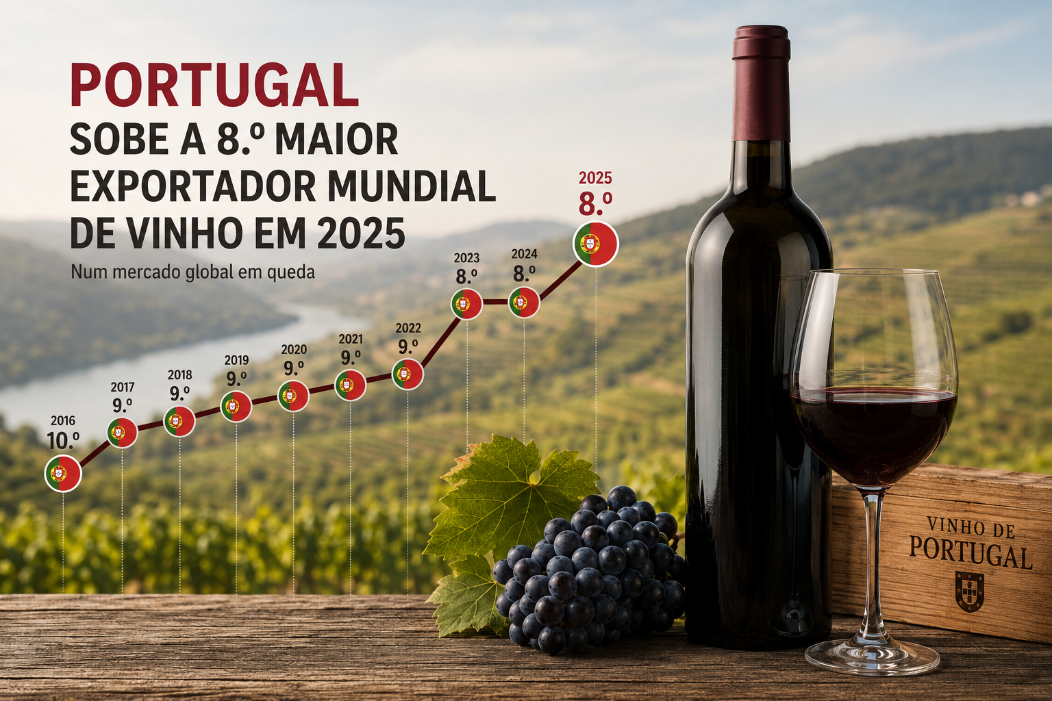 Vinho português ganha posição mundial em ano de quebra nas exportações globais